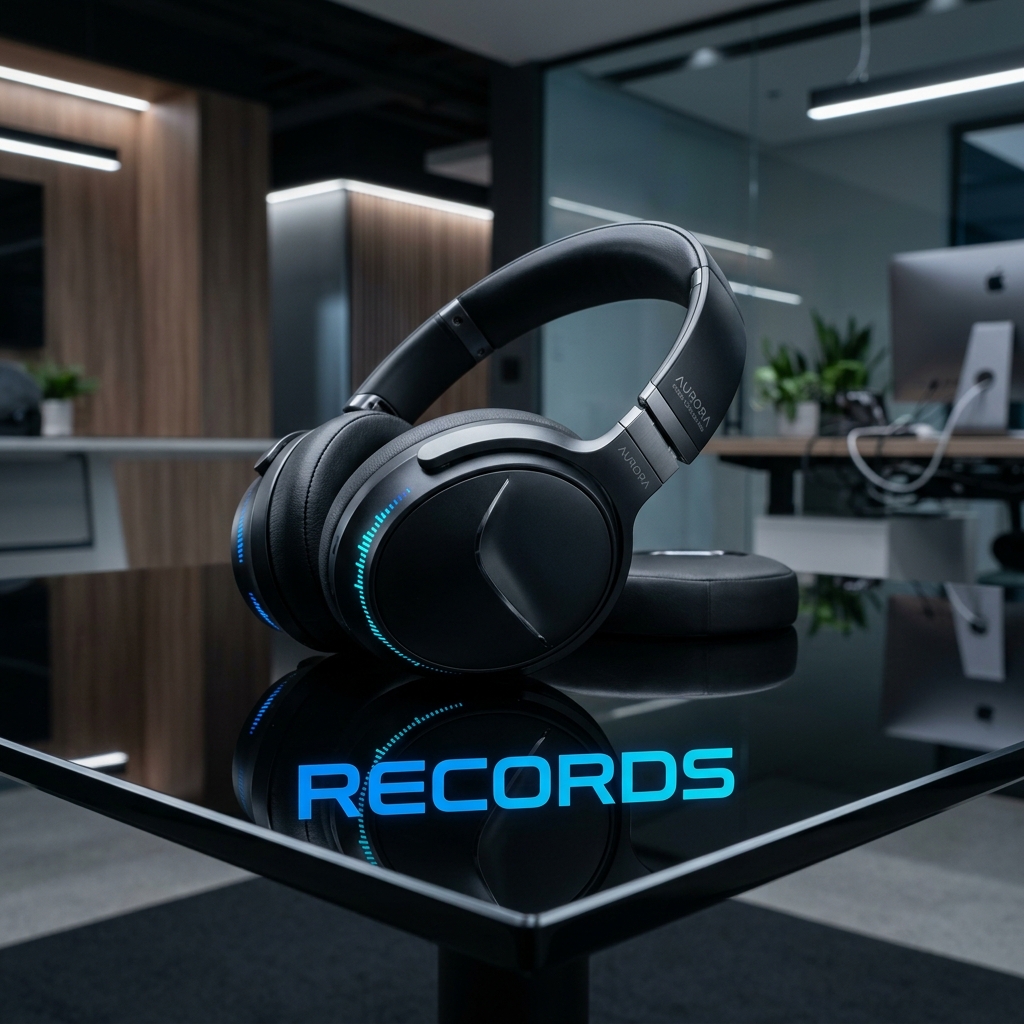 A sleek, hyper-modern, and cinematic product shot of premium black noise-canceling headphones resting on a pristine glass table. The word 'RECORDS' is reflected in the glass.