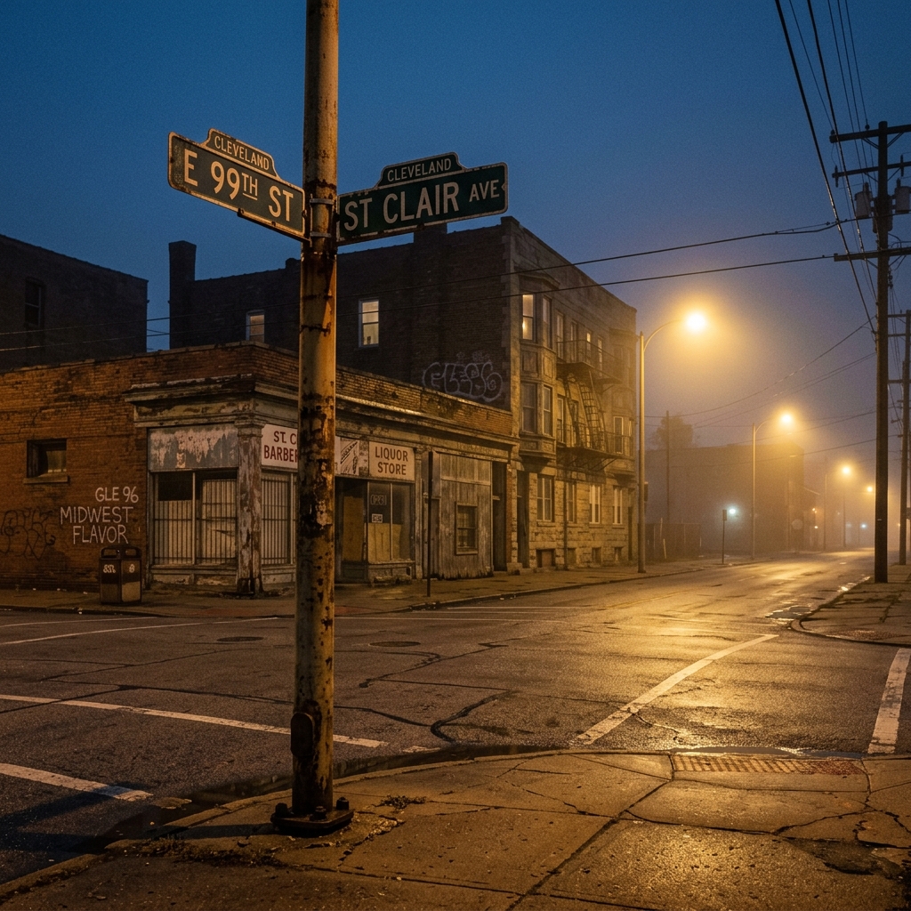 A moody, foggy intersection in Cleveland showing the street signs for E 99th St and St Clair Ave.