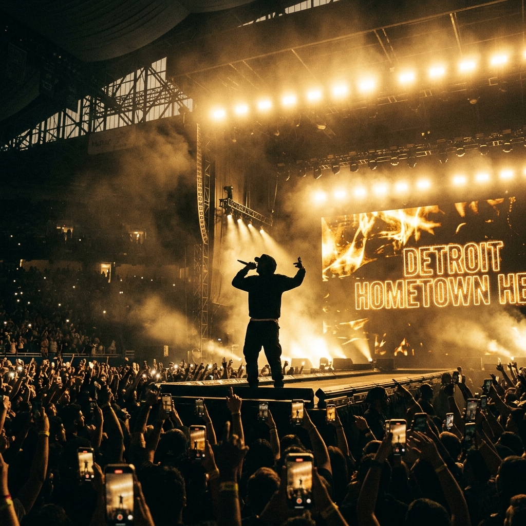 A dramatic, moody photograph of a rapper’s silhouette on a dark concert stage, illuminated by bright, golden stadium lights. The crowd is a sea of raised hands holding glowing cell phones.