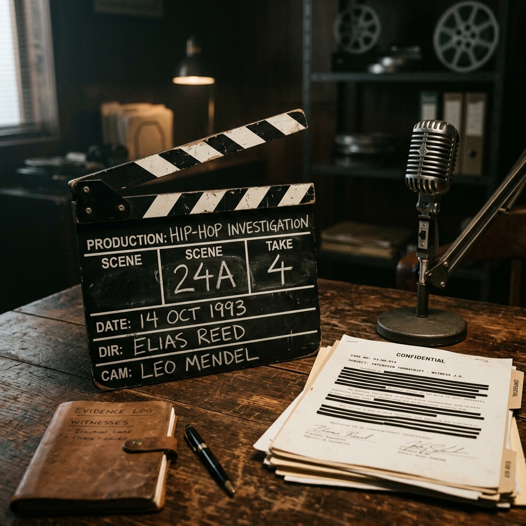 A classic film director’s clapperboard resting on a dark wooden table that reads ‘HIP-HOP INVESTIGATION’, sitting next to redacted legal documents and a vintage microphone.