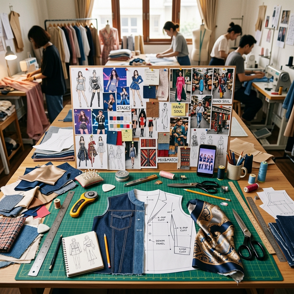 A chaotic, inspiring overhead shot of a fashion designer’s cutting table in a bustling atelier, showing mood boards that mix K-pop stage outfits with Vietnamese street style.