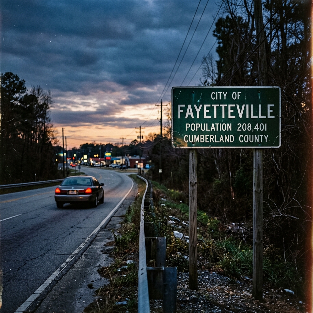 A gritty, 35mm film style photograph of the Fayetteville city limit sign at dusk
