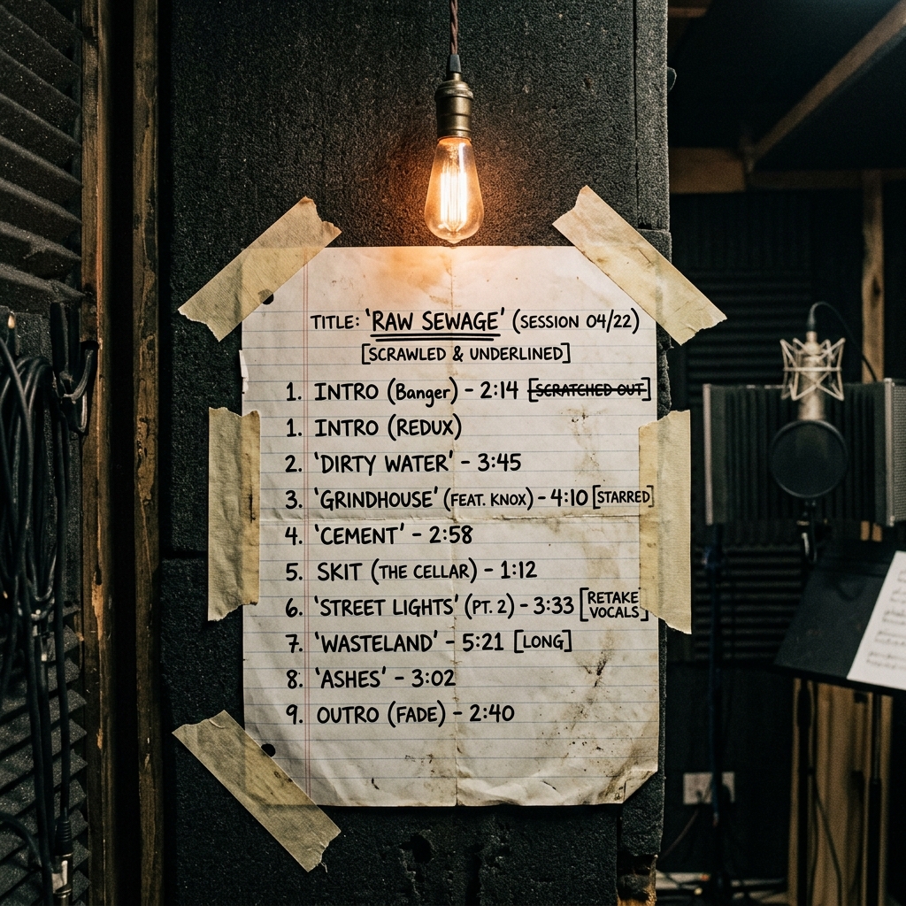 A gritty close-up shot of a handwritten studio tracklist taped to the wall of a dimly lit recording booth.