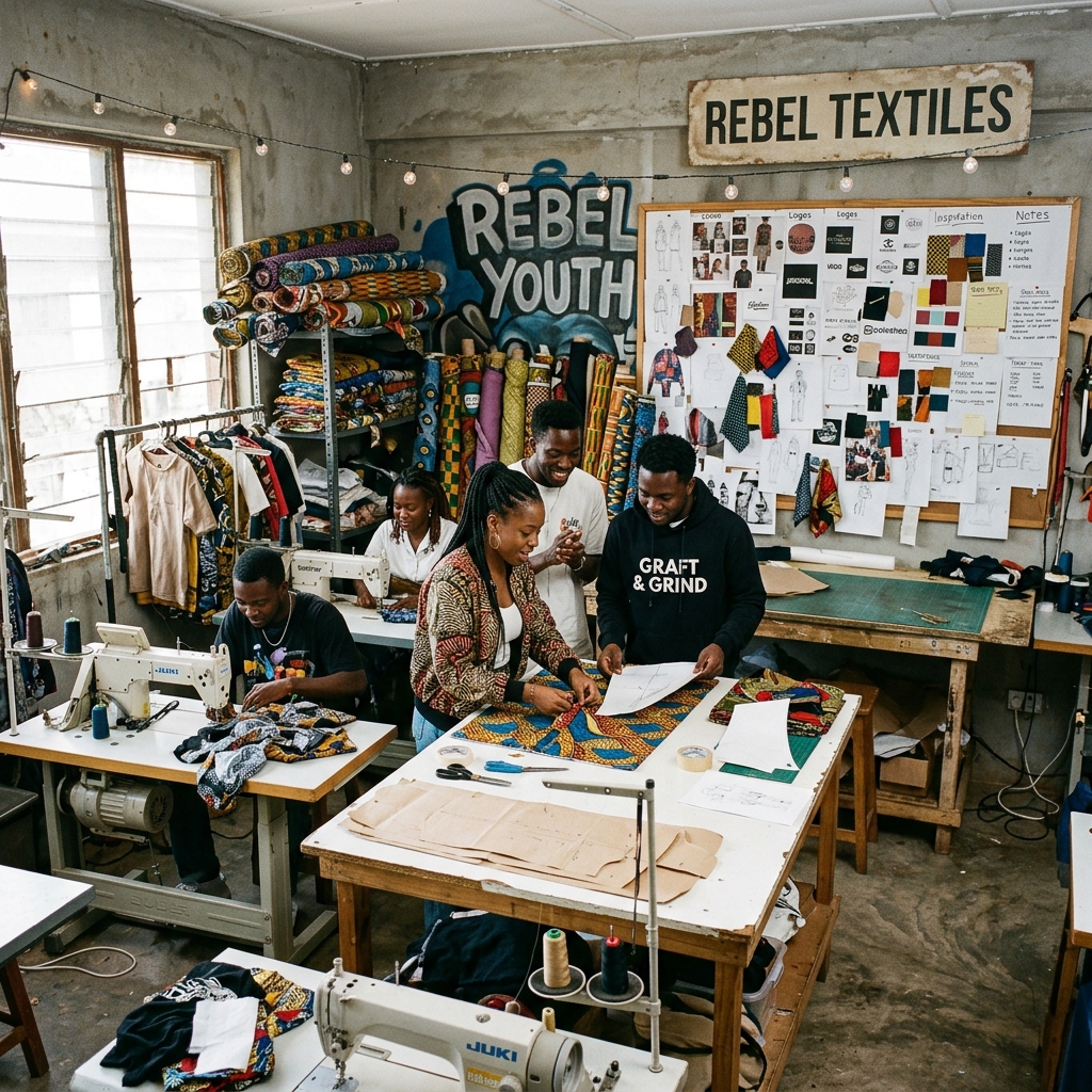 A vibrant, documentary-style photograph of a bustling, creative streetwear design studio in West Africa. Rolls of colorful textiles and sewing machines are visible.