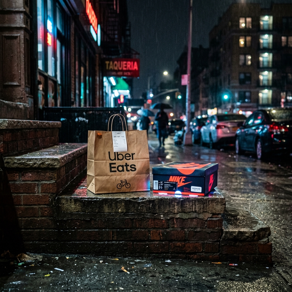A photorealistic, cinematic shot of a classic brown paper Uber Eats delivery bag sitting on a gritty, wet city stoop at night. Next to the bag is a pristine, glowing, limited-edition sneaker shoebox.