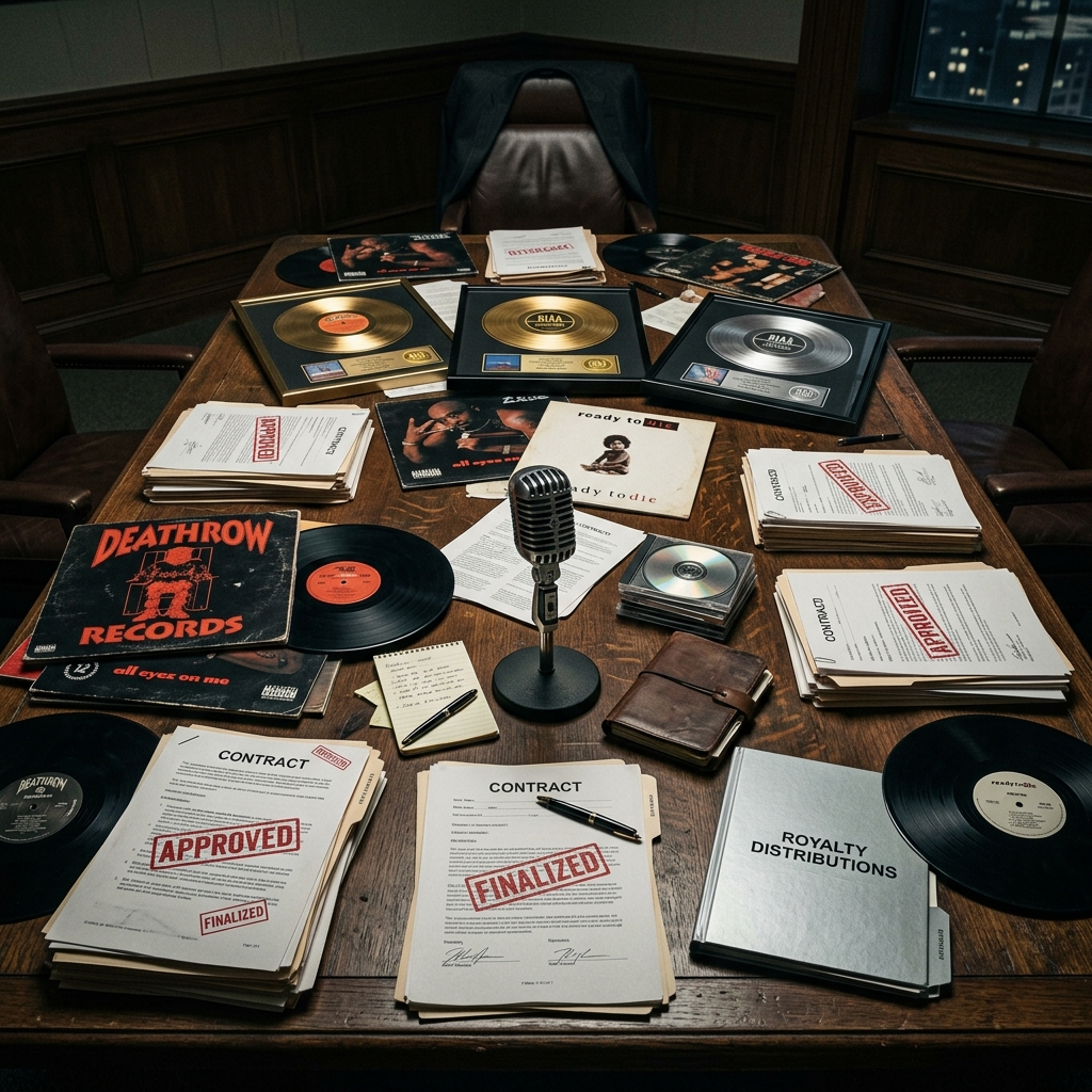 A moody overhead shot of a boardroom table covered in thick legal contracts and vintage vinyl records.
