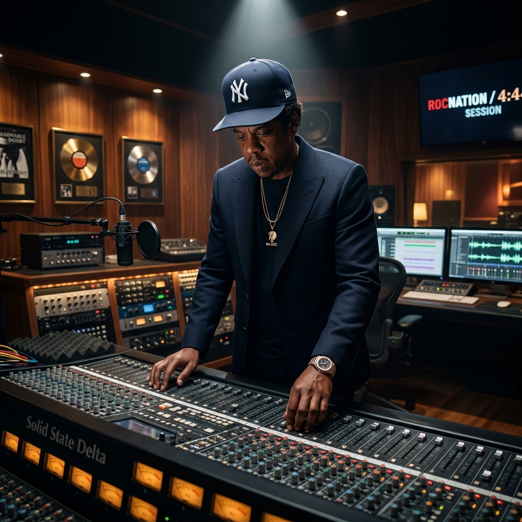 A photorealistic, highly cinematic studio shot featuring a stylized avatar resembling Jay-Z, wearing a classic navy blue New Era Yankees fitted hat behind a massive SSL mixing board.