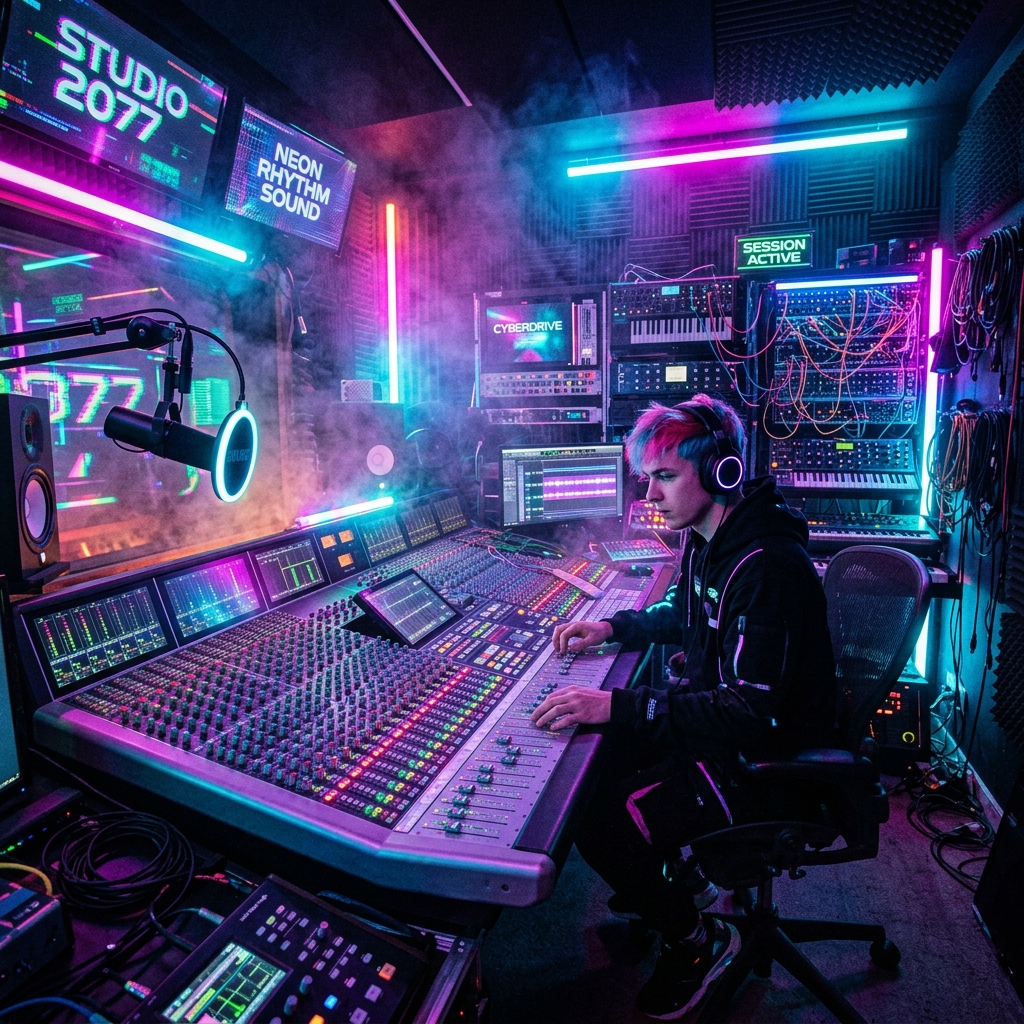 A vibrant, neon-soaked recording studio with colorful LED lights and atmospheric smoke