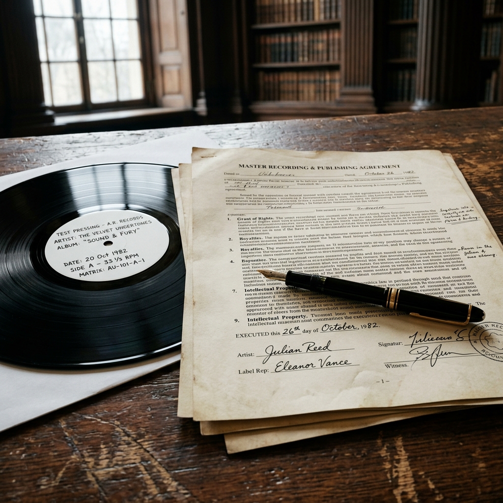 A macro, photorealistic shot of a thick, complex legal music contract lying next to a vintage vinyl record test pressing and an old-school Montblanc fountain pen.