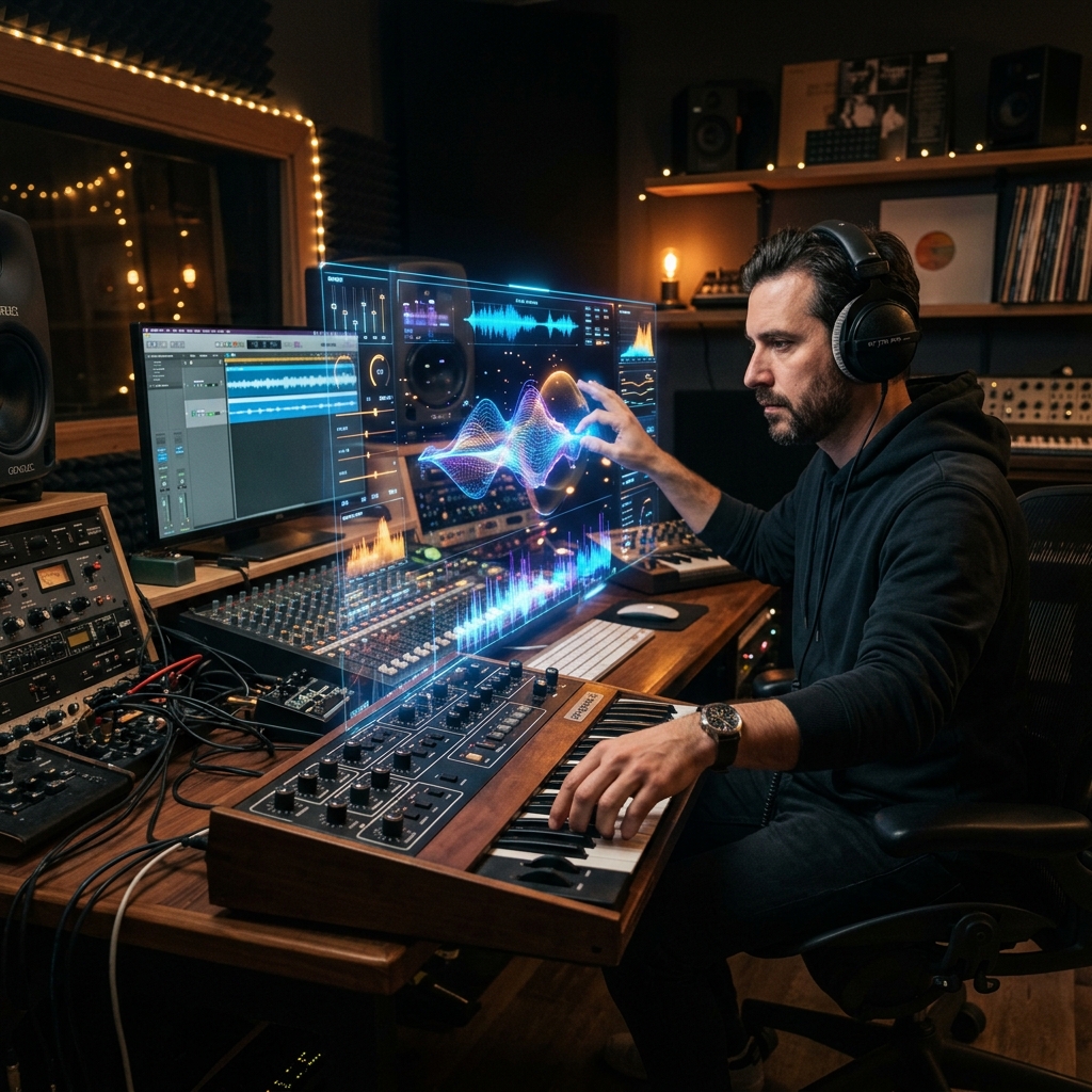 A modern music producer working in a studio, adjusting an analog synthesizer with one hand and interacting with a glowing AI hologram with the other.