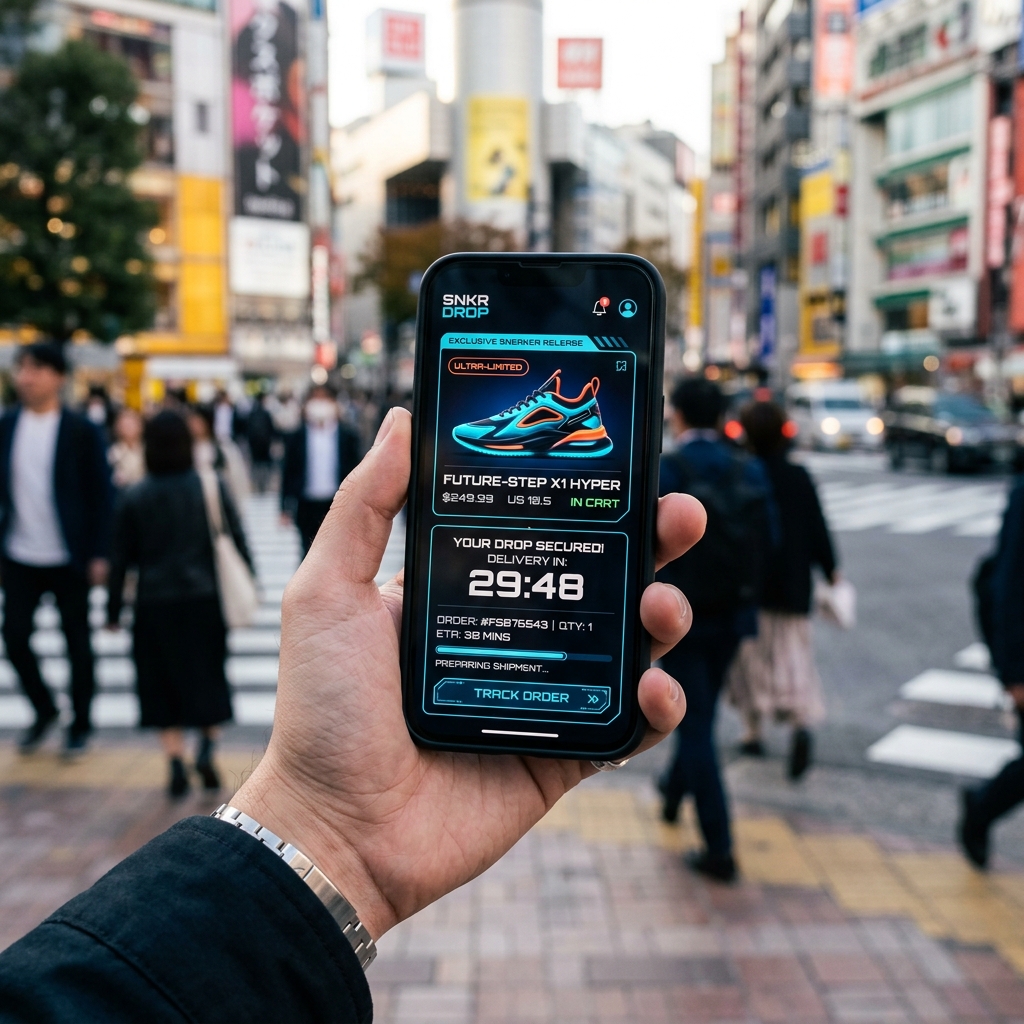 A close-up, photorealistic shot of a hand holding a modern smartphone. The screen displays a sleek, futuristic sneaker checkout app interface showing an exclusive sneaker drop with a 30-minute delivery countdown timer.