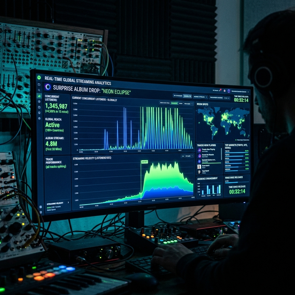 A sleek, high-tech, glowing digital dashboard displaying music streaming analytics in a dark studio. The screen shows massive, sudden traffic spikes in deep blue and neon green data visualization graphs.
