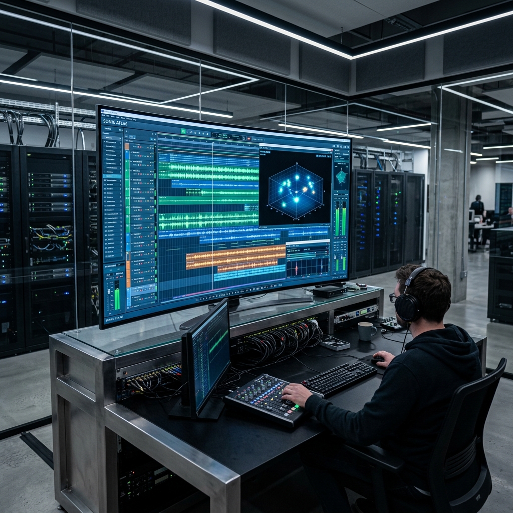 A photorealistic shot of a massive, glowing digital audio workstation (DAW) screen in a sterile, hyper-modern tech office.