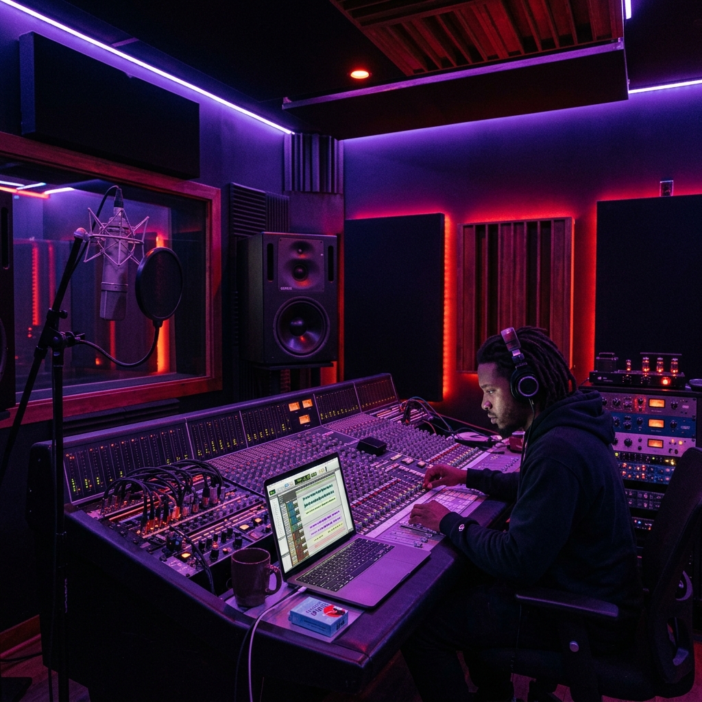 A photorealistic, high-end recording studio control room bathed in dark, moody purple and red LED lighting.