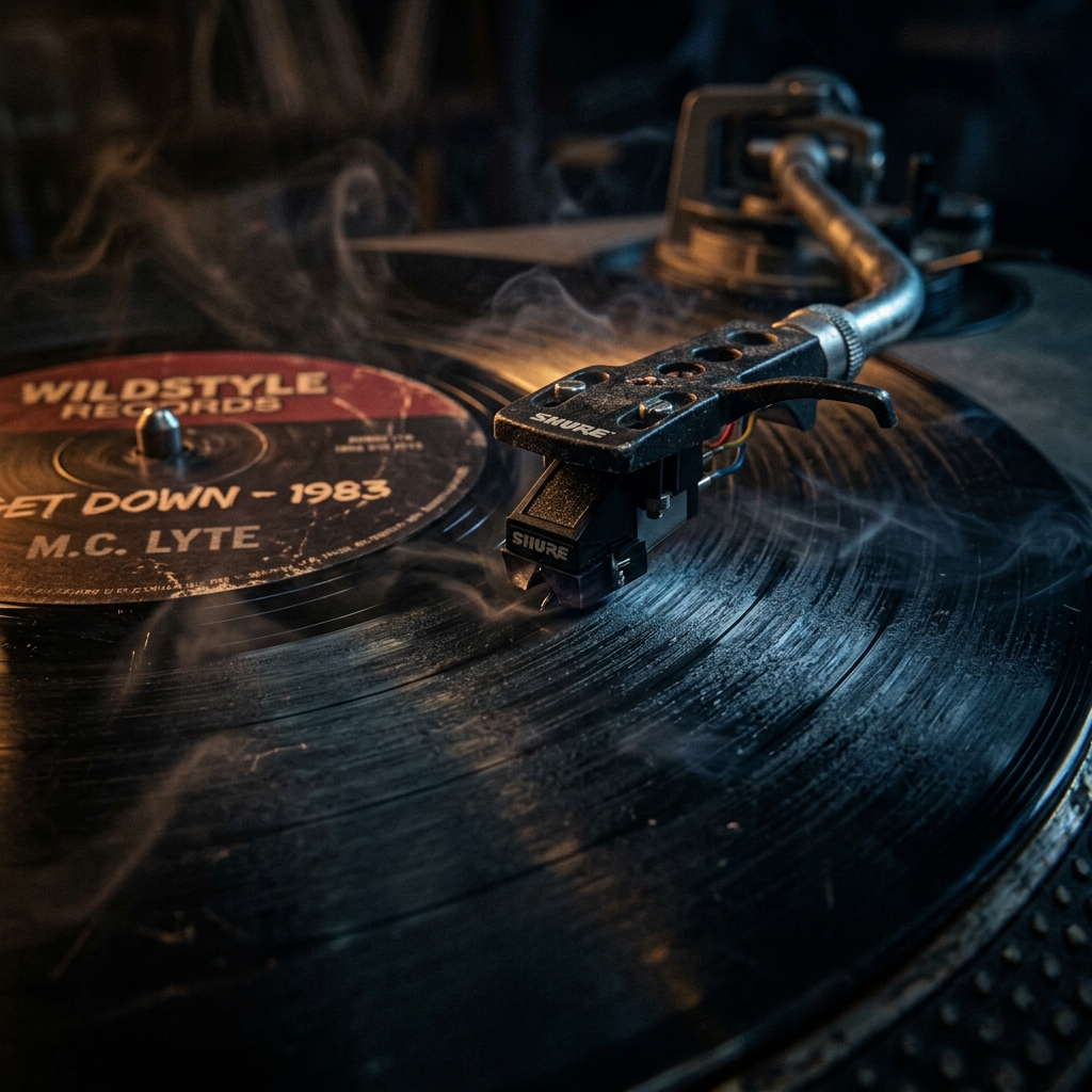 A moody, close-up photograph of a turntable stylus tracking the grooves of a vintage 1980s vinyl record.