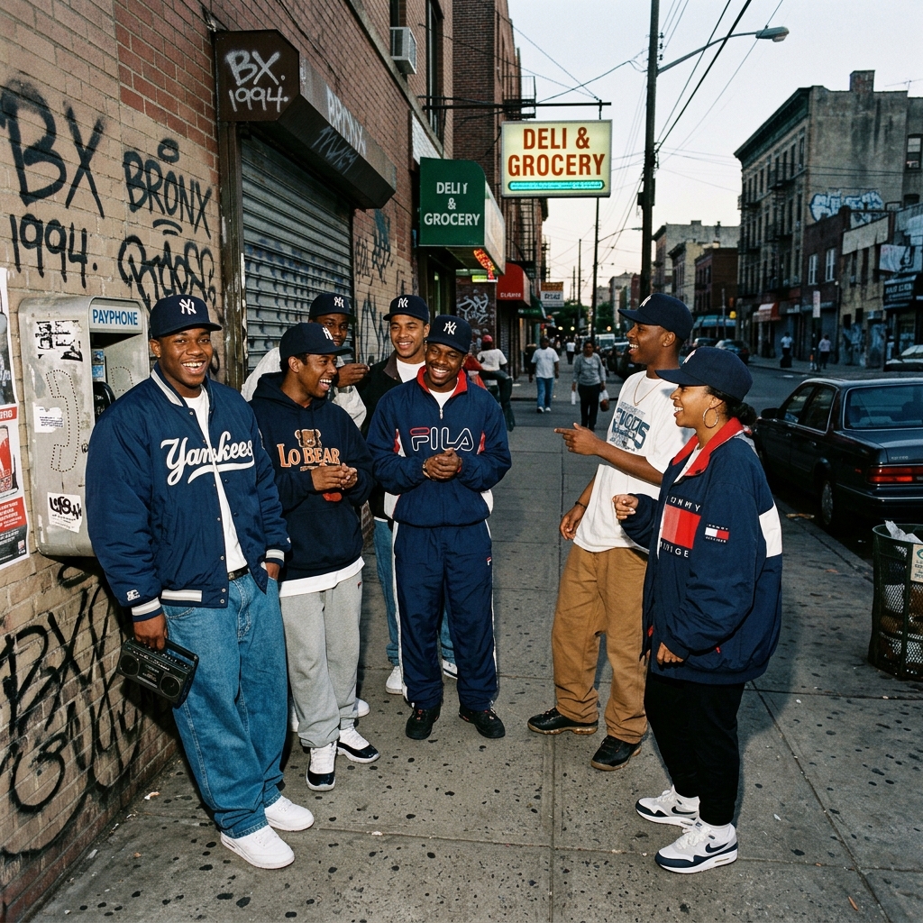 A gritty, authentic 1990s style street photography shot in New York City. A group of young people wearing oversized streetwear, heavily featuring the classic navy blue New Era Yankees fitted hat.