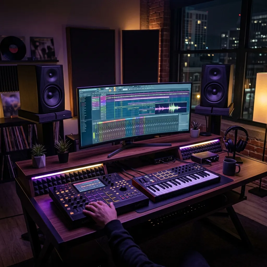 A sleek home studio setup showing a producer working on a beat, representing the creation of iconic hip-hop sounds.