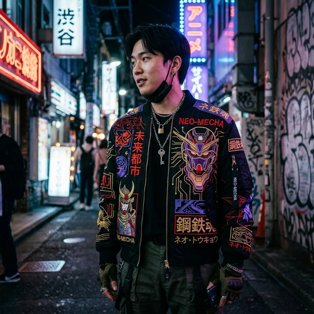 Detailed close-up of anime-inspired cyberpunk streetwear jacket