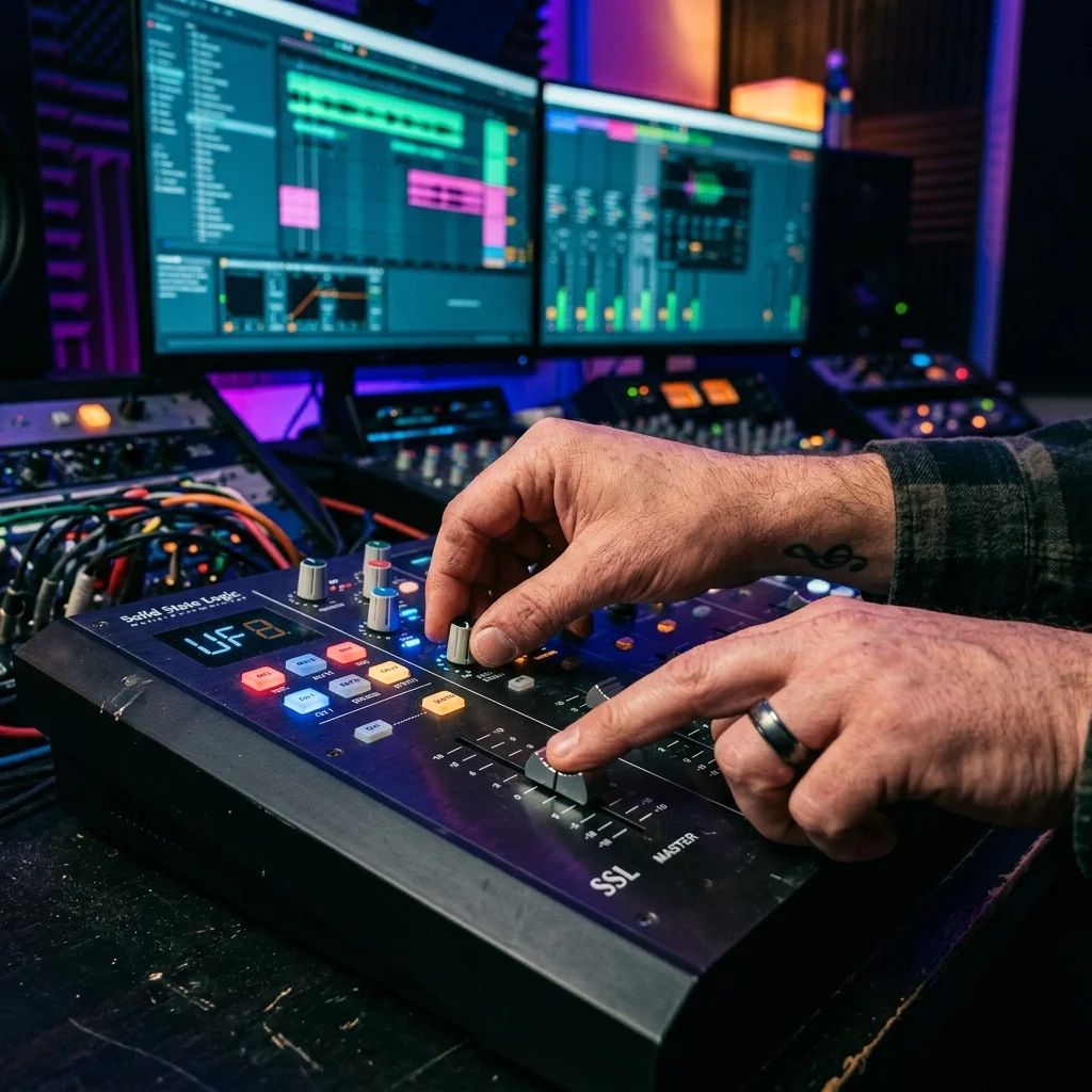Close up of a producer’s hands adjusting a MIDI controller in front of a glowing DAW