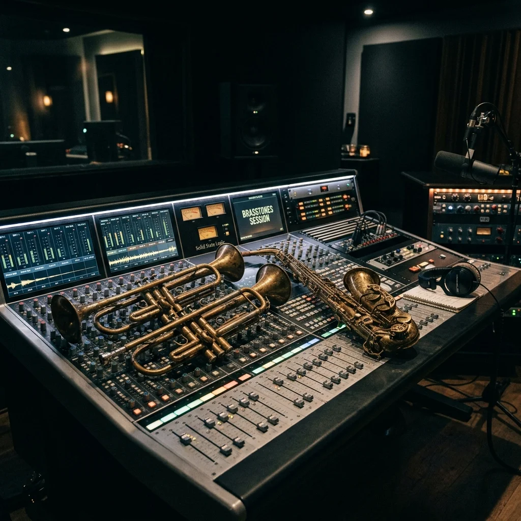 A sleek, modern music production studio mixing console with vintage brass trumpets and saxophones resting on top