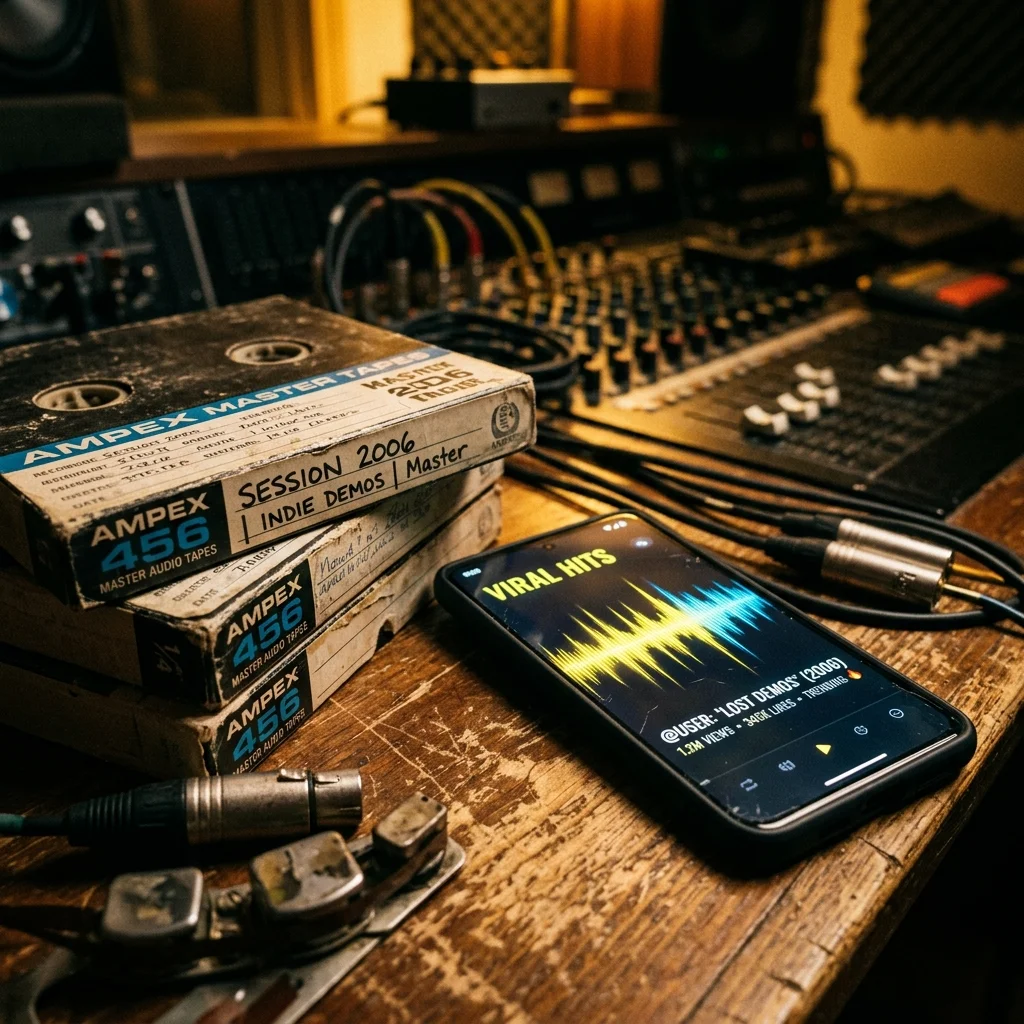 Close-up of vintage 2006 studio recording tapes next to a modern smartphone displaying a viral TikTok sound wave
