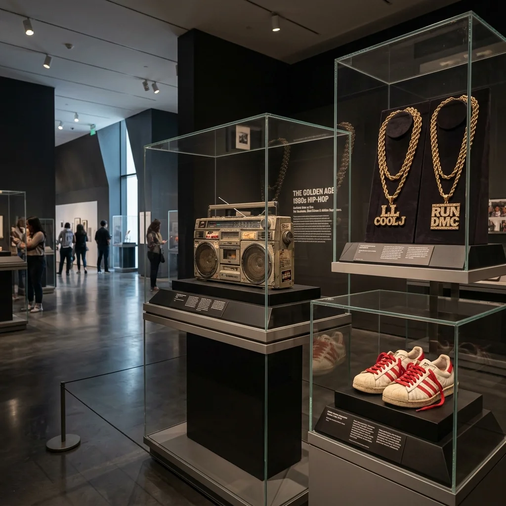 A hyper-realistic photograph of a high-end museum gallery displaying classic 1980s hip-hop memorabilia.