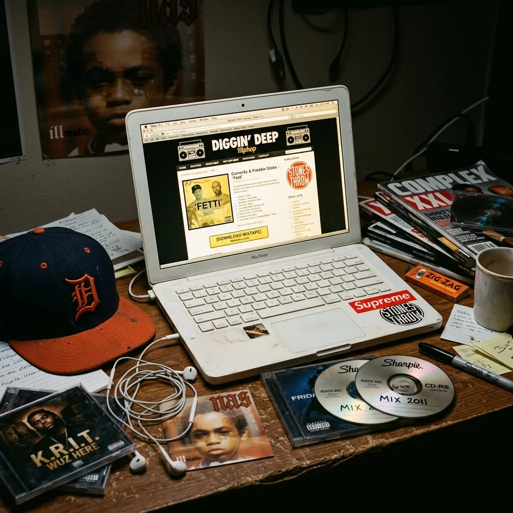 A highly nostalgic, cinematic shot of a vintage 2011 white plastic MacBook sitting on a desk displaying an old-school hip-hop blog interface with a mixtape download link.