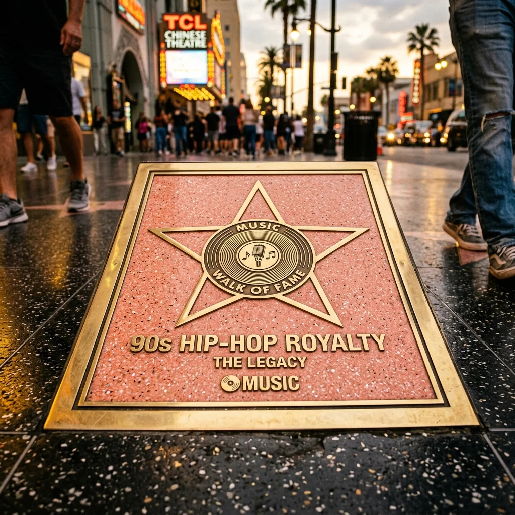A pristine Hollywood Walk of Fame star featuring the music record emblem, glowing with golden hour lighting.