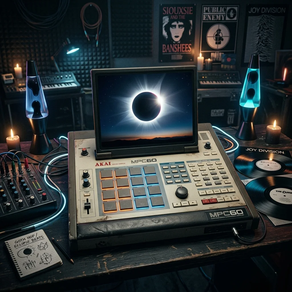 A highly stylized illustration of an Akai MPC sampler displaying a total solar eclipse, blending 80s gothic aesthetics with hip-hop production.