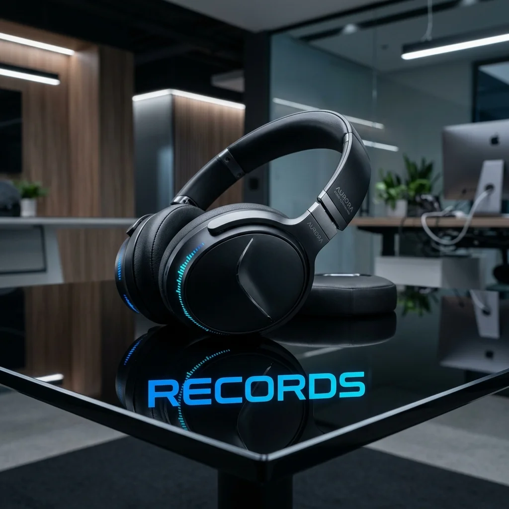 A sleek, hyper-modern, and cinematic product shot of premium black noise-canceling headphones resting on a pristine glass table. The word 'RECORDS' is reflected in the glass.