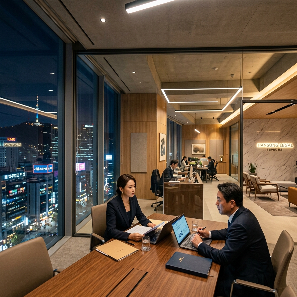A professional, modern corporate law firm office in Seoul with glass walls looking over the cityscape at night