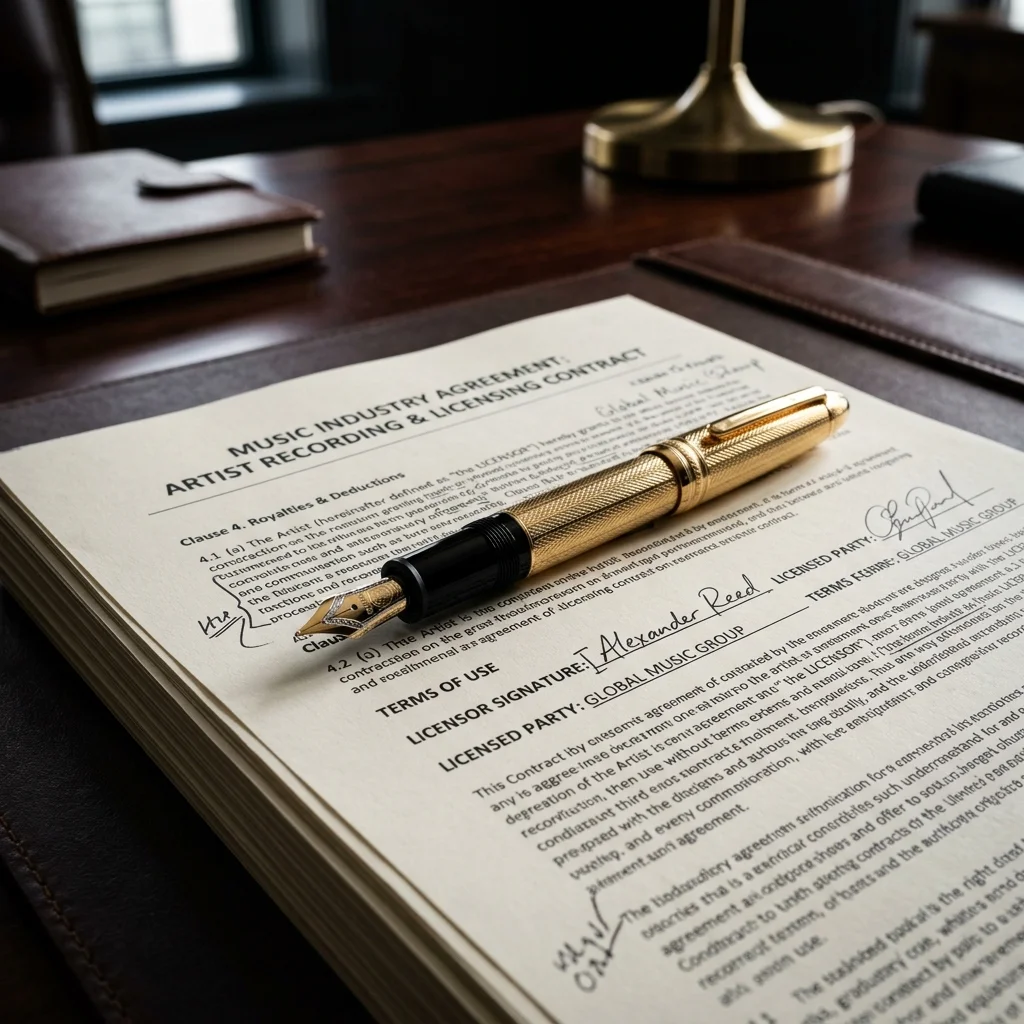 Close up of a luxury gold pen resting on a complex music industry contract