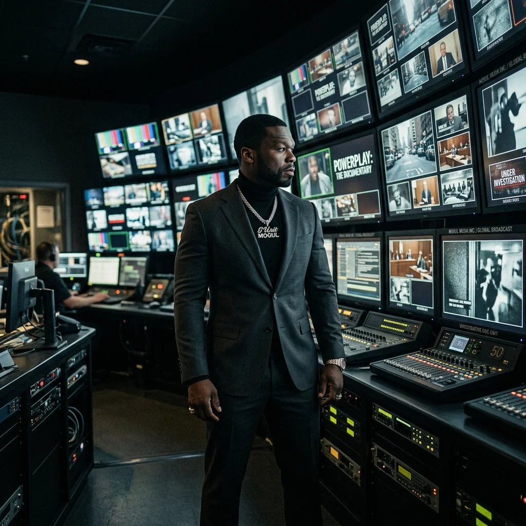A cinematic shot of a stylized avatar resembling 50 Cent standing in a high-tech television broadcast control room, analyzing investigative documentary footage on multiple glowing monitors.