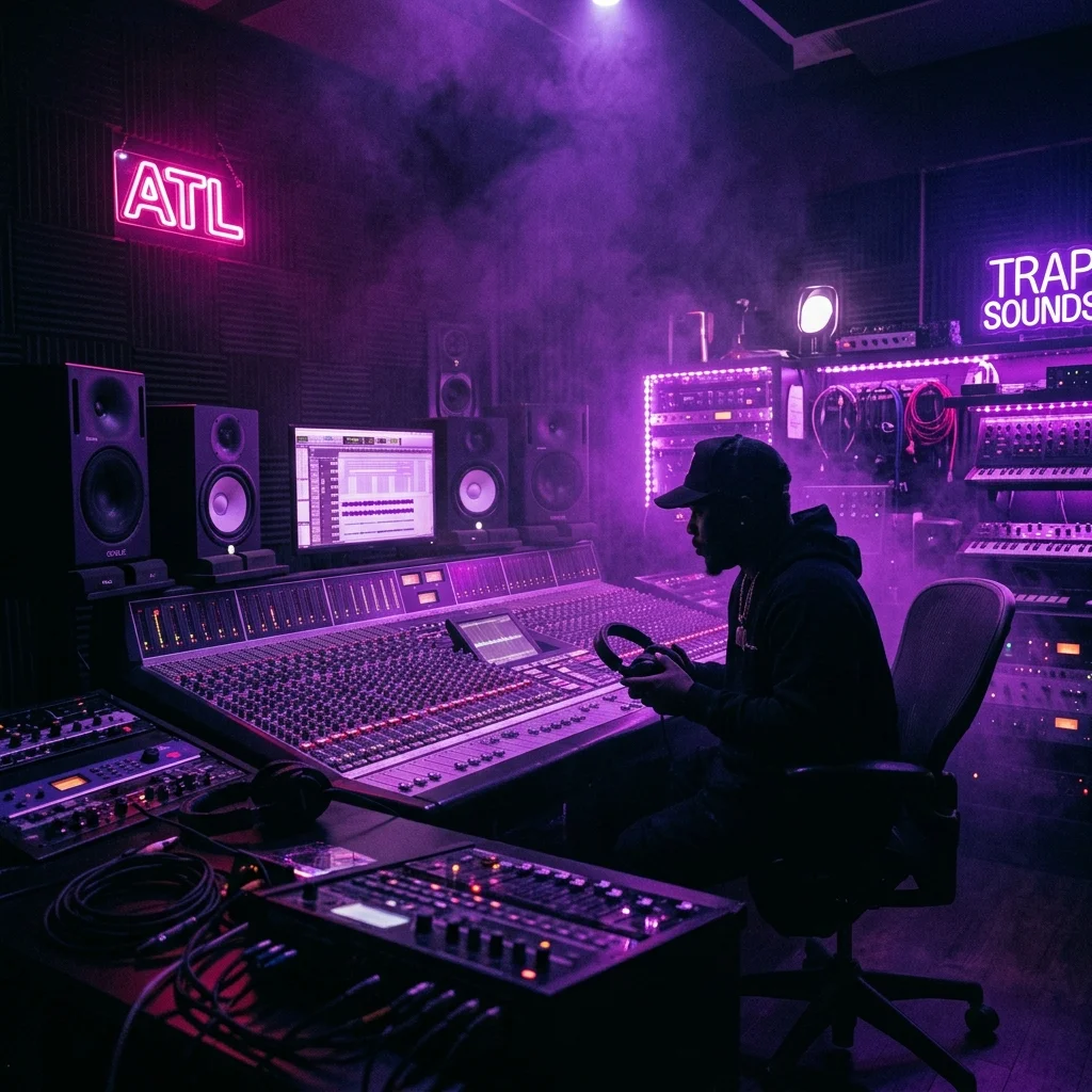 A cinematic, moody shot of a futuristic recording studio bathed in purple neon lights.