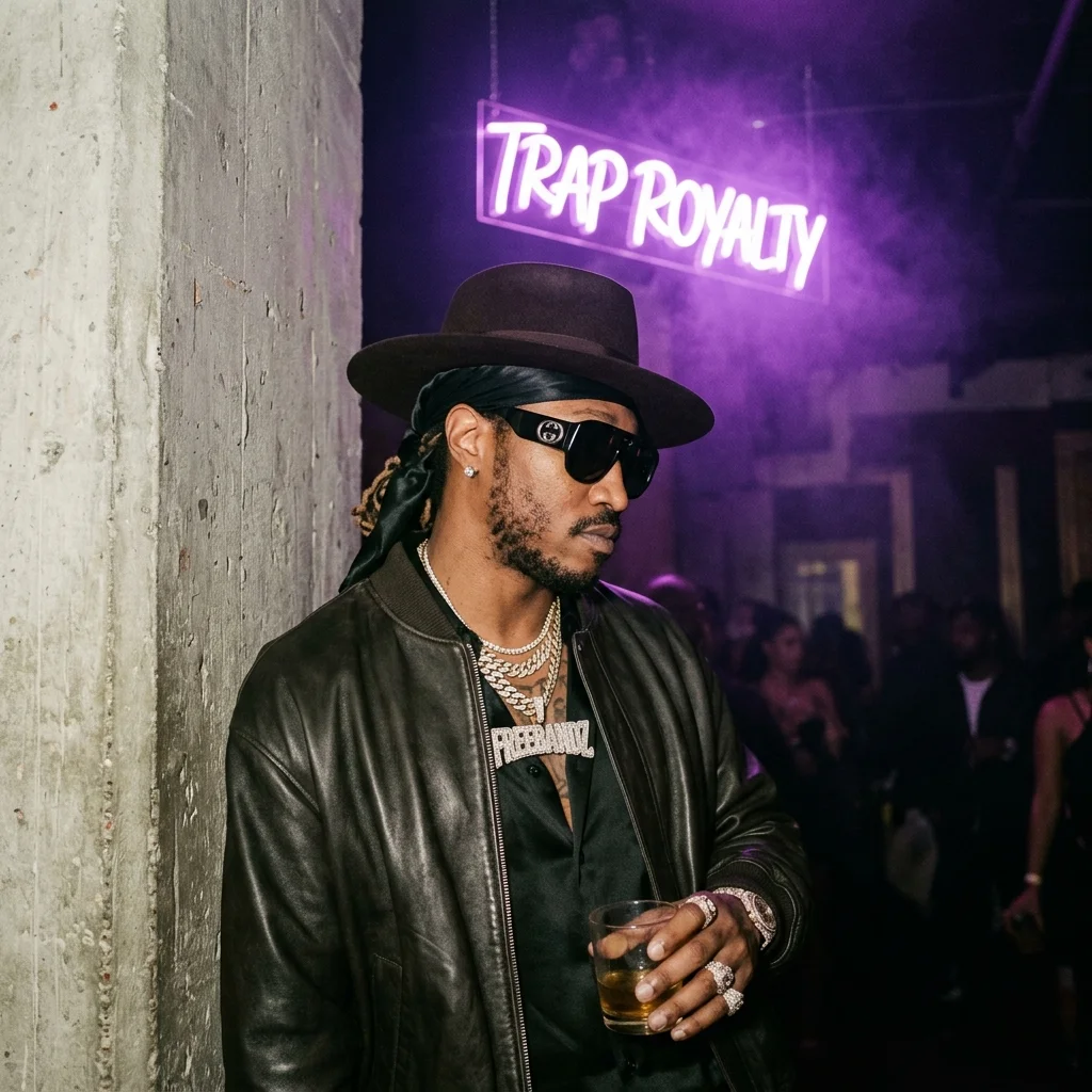 A highly cinematic, moody, and atmospheric portrait of an anonymous hip-hop artist resembling Future, standing in a dark, haze-filled room illuminated by a single, harsh purple neon light.