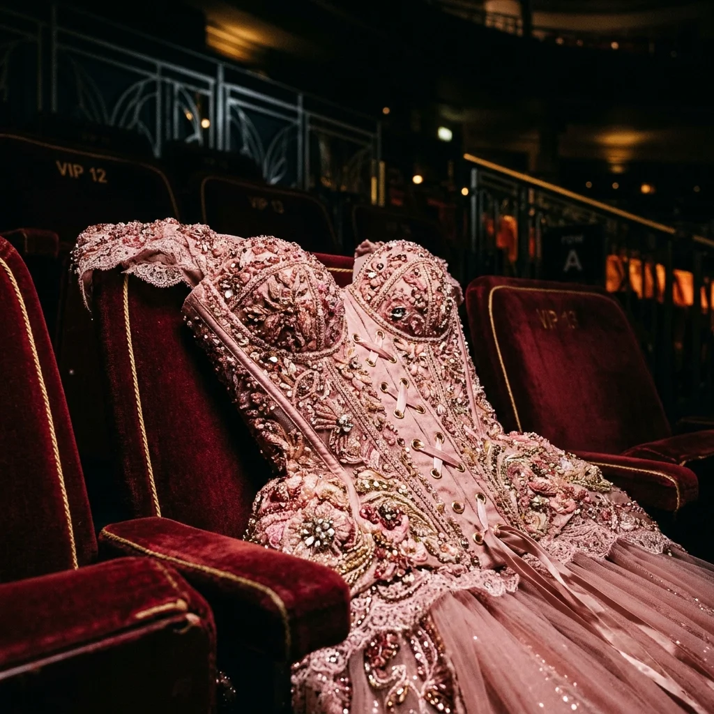 Close-up of a heavily beaded pink corseted couture gown draped over a luxury velvet VIP stadium seat
