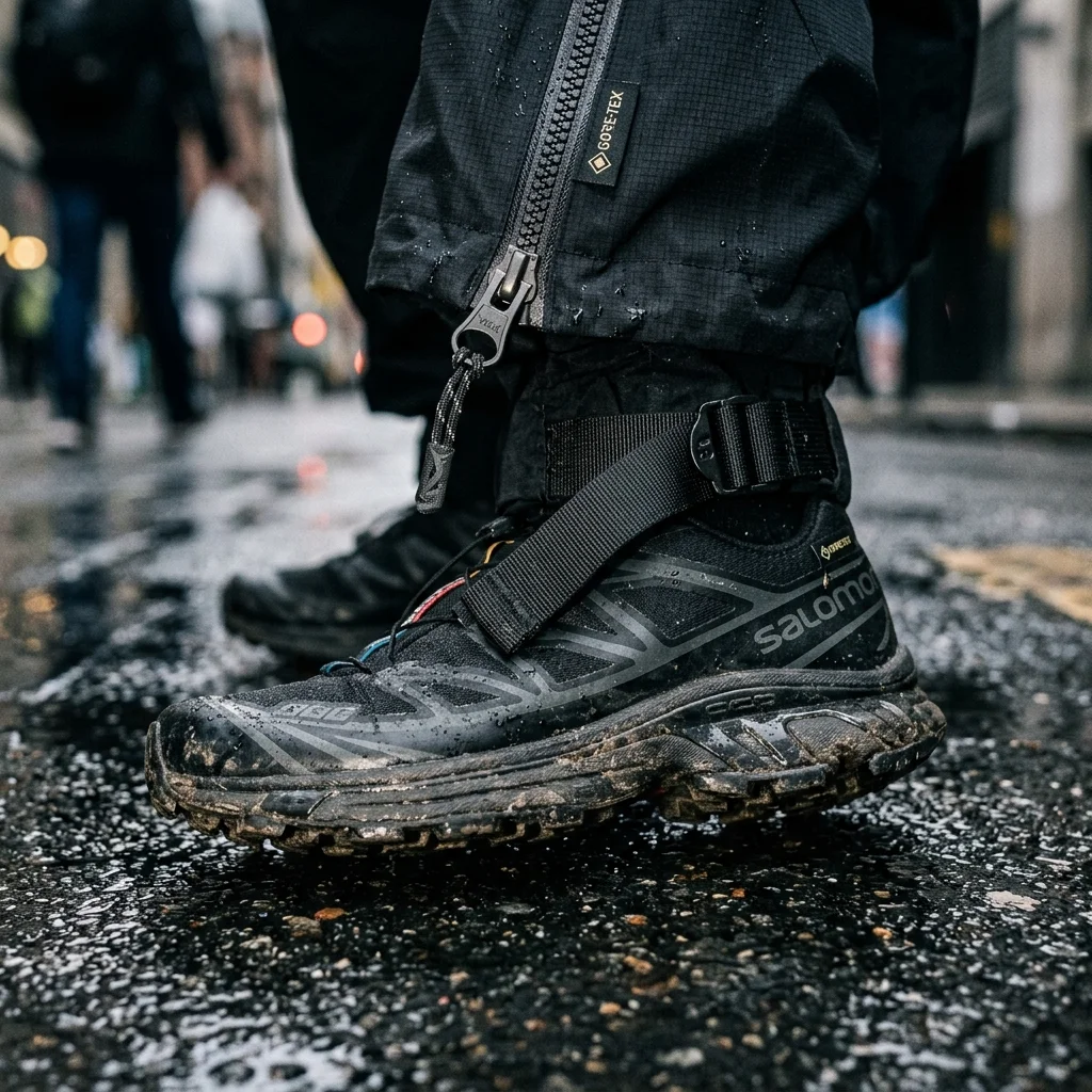 Highly detailed close-up of urban gorpcore streetwear featuring Gore-Tex and Salomon trail runners