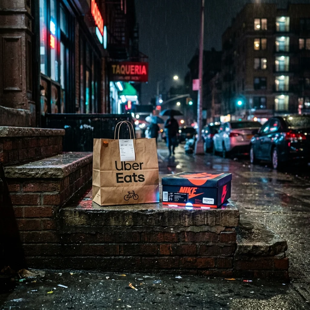 A photorealistic, cinematic shot of a classic brown paper Uber Eats delivery bag sitting on a gritty, wet city stoop at night. Next to the bag is a pristine, glowing, limited-edition sneaker shoebox.