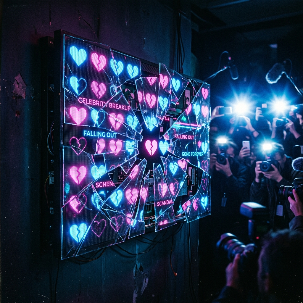 A conceptual art piece of a shattered digital display screen glowing with heart symbols under camera flashes