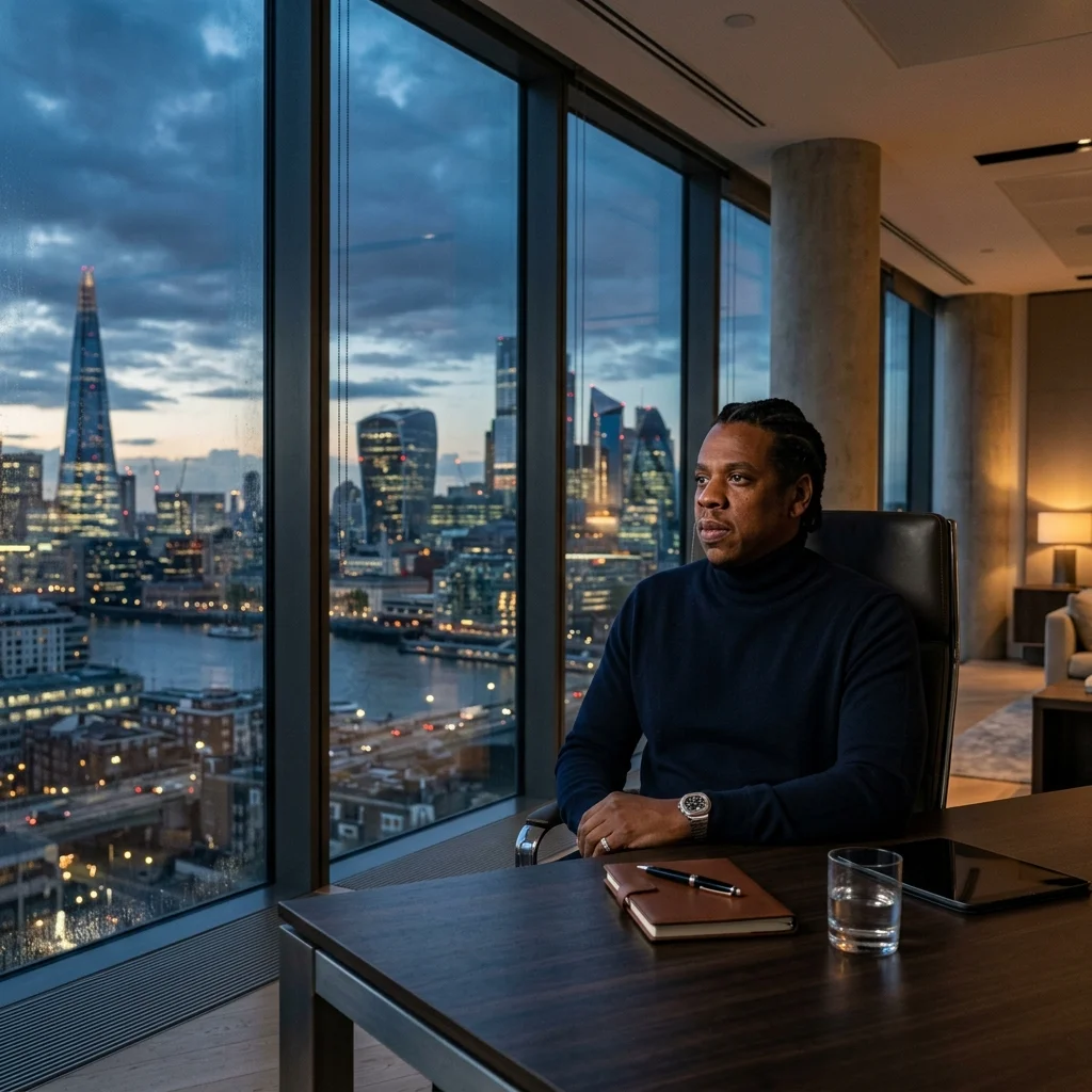Jay-Z avatar sitting in a boardroom overlooking the city skyline