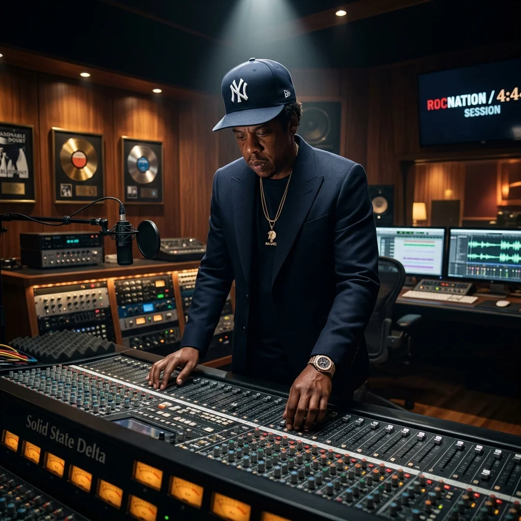 A photorealistic, highly cinematic studio shot featuring a stylized avatar resembling Jay-Z, wearing a classic navy blue New Era Yankees fitted hat behind a massive SSL mixing board.