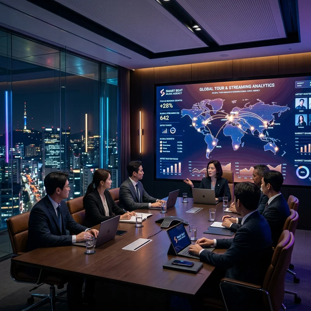 A corporate boardroom with a glowing digital presentation showing global analytics