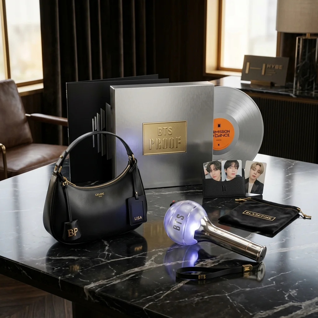 Luxury K-pop merchandise including designer bags and metallic lightsticks arranged on a marble table