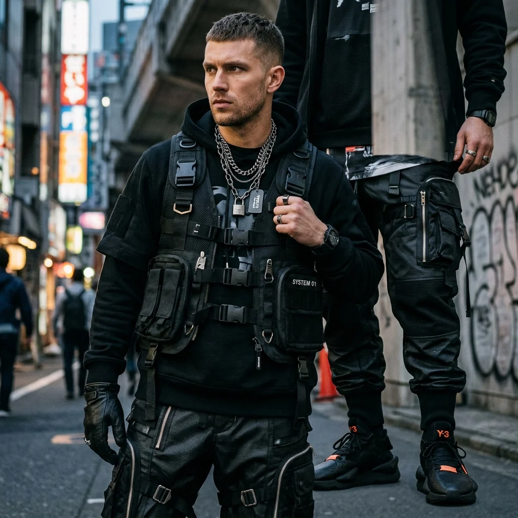 A close up of a luxury streetwear outfit featuring tactical vests and chains
