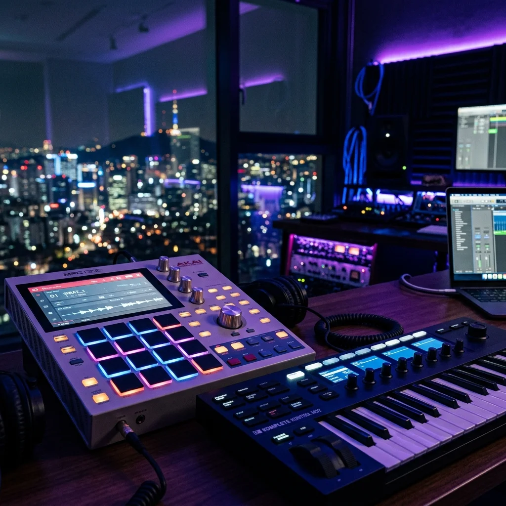 A modern Seoul recording studio where K-pop and hip-hop production converge