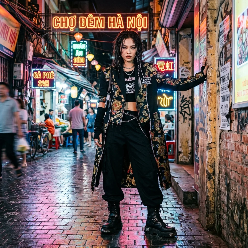 A high-fashion editorial photograph blending K-pop streetwear with traditional Vietnamese garment aesthetics in a neon-lit Hanoi alleyway.
