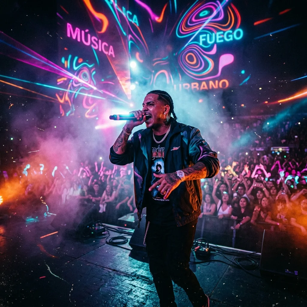 A surreal, highly atmospheric shot of a Latin rapper performing on a stage bathed in neon psychedelic lighting and thick fog.