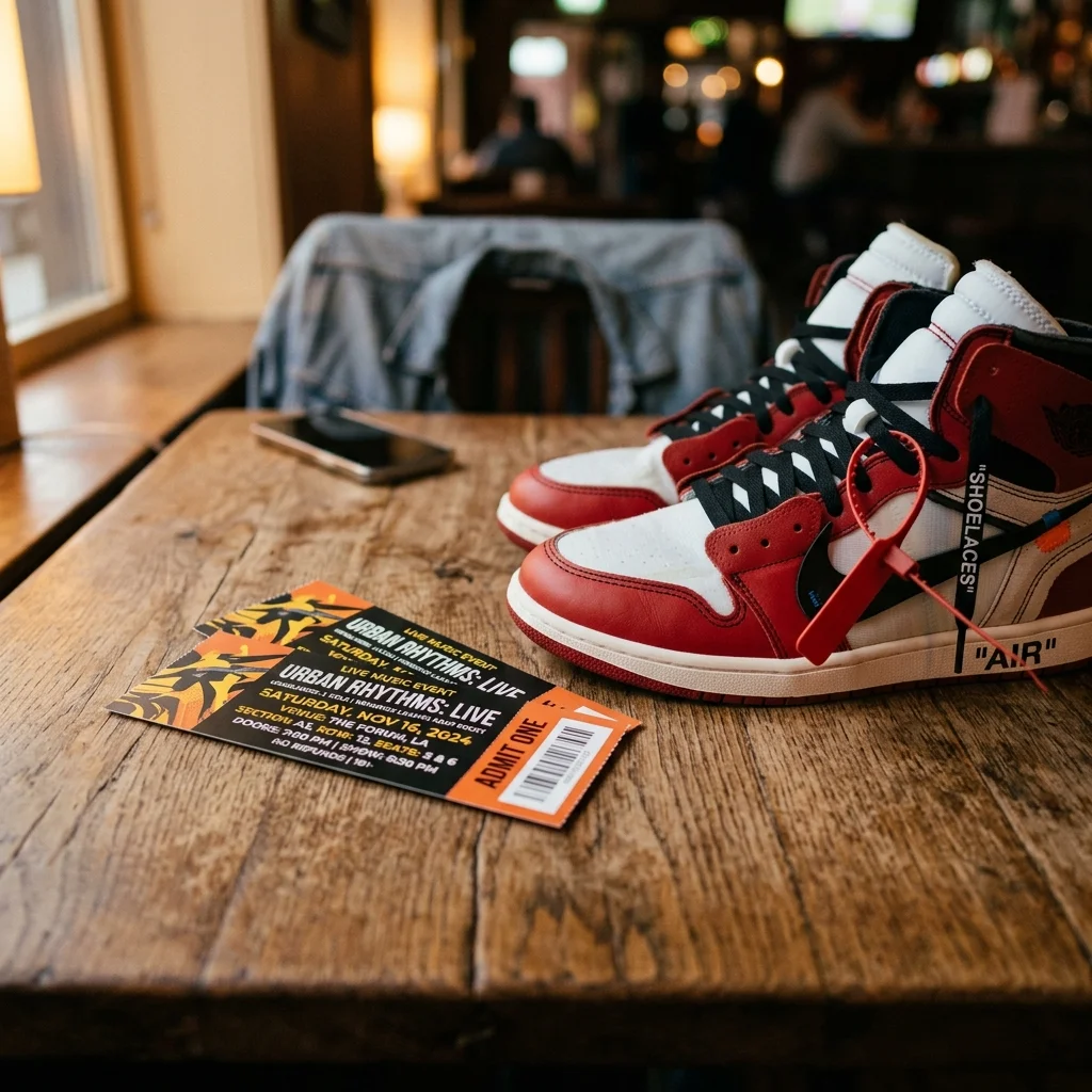 Concert tickets and premium sneakers on a table