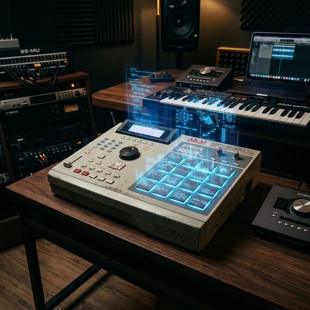 A classic Akai MPC drum machine glowing with holographic blue AI data streams in a dark studio.