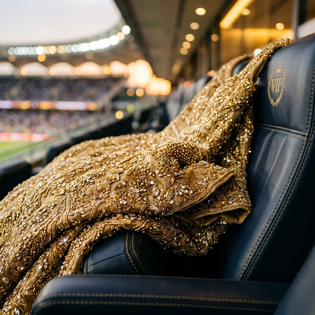 Close up of an intricately beaded gold haute couture gown draped over a luxury stadium VIP seat